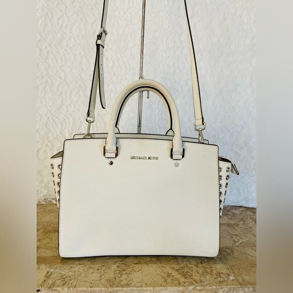 Michael Kors white stud/rivets large Selma Grossgrain leather crossbody satchel - Picture 1 of 8
